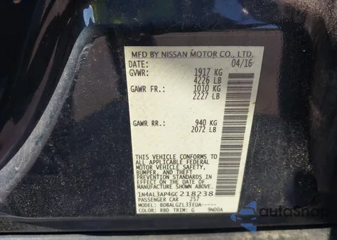 2016 Nissan Altima 2.5/2.5 S/2.5 Sl/2.5 Sr/2.5 Sv из США, поврежденный, VIN 1N4AL3AP4GC218238